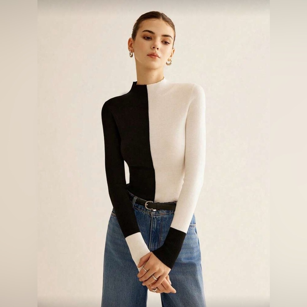 NEW Black and Cream/White Color Block Long Sleeve Top Size L (US 8/10) - Picture 2 of 7
